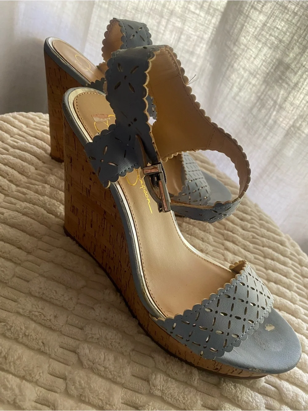 Jessica Simpson Jazziah Powder Blue Scalloped Laser Cut Cork Wedge Sandals